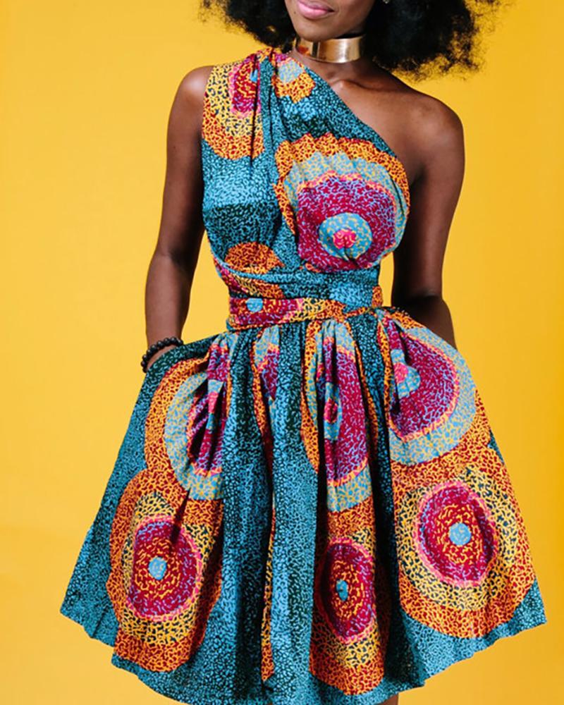 

Multi-way Print Tight Waist Sleeveless Pleated Dress, Multicolor