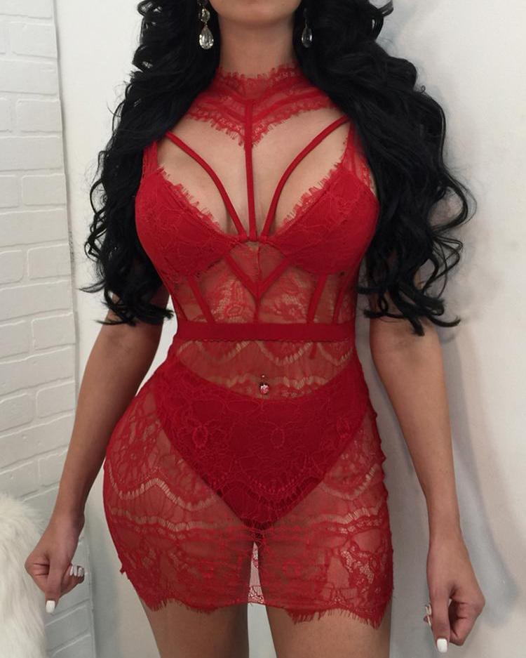 

See Through Eyelash Lace Cut Out Mini Dress, Red