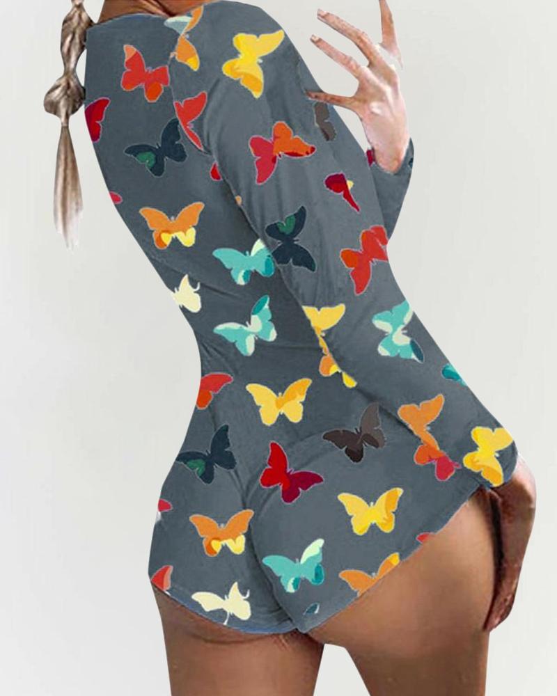 

Multicolor Butterfly Print Long Sleeve Skinny Romper, Gray