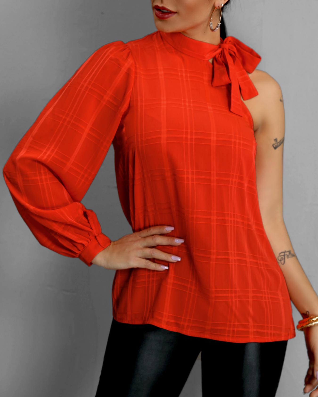 

One Shoulder Tied Neck Casual Blouse