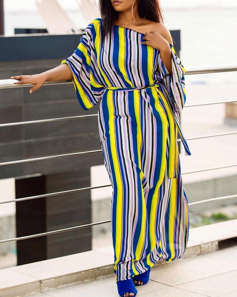 

Off Shoulder Half Sleeve Striped Long Dress, Multicolor