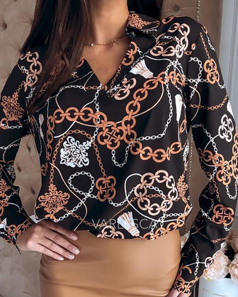 

Chain Print Pullover Casual Blouse, Black