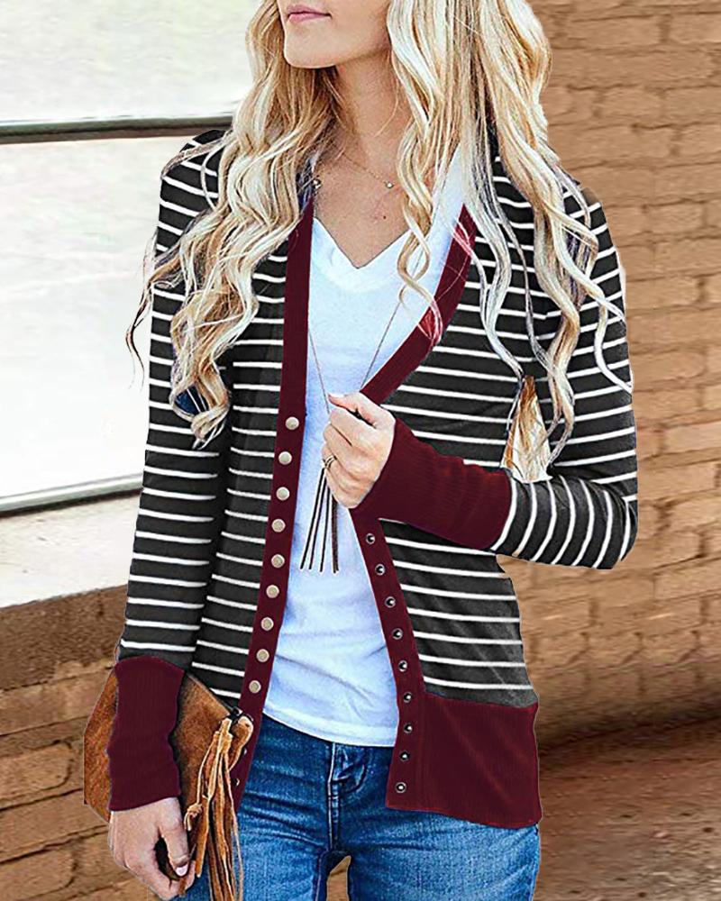 

Contrast Binding Striped Buttoned Cardigan, Red