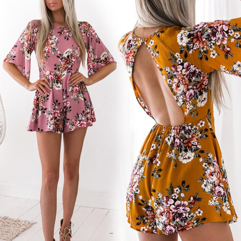 

Vintage Floral Print Open Back Romper, Pink