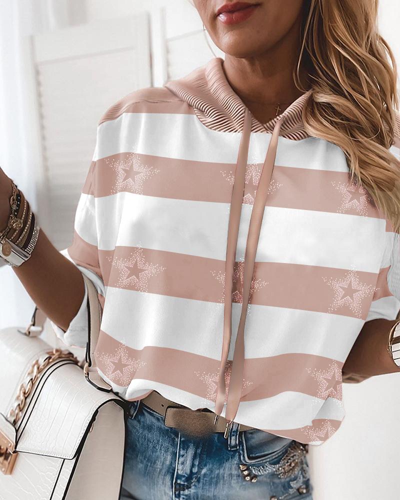 

Star Pattern Studded Striped Colorblock Hooded Top, Pink