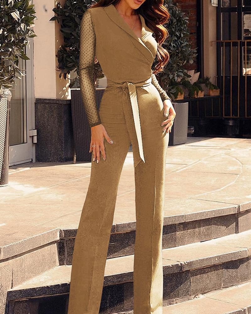 

V-Neck Dots Mesh Sleeve Jumpsuit, Khaki