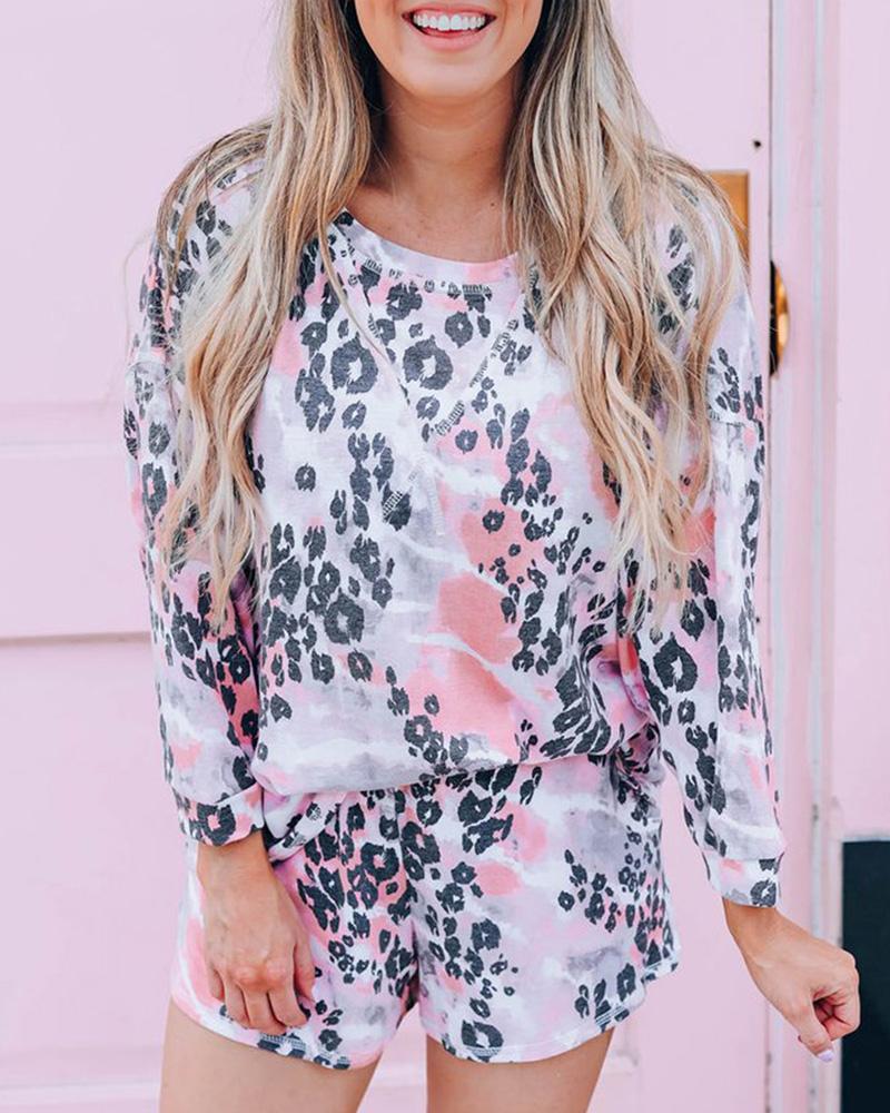 

Leopard Print Long Sleeve Casual Top & Short Set, Pink