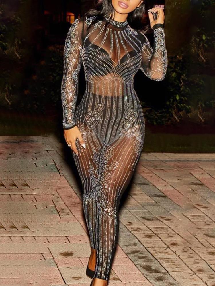 

Glittering Embellished Mesh Skinny Jumpsuit, Black