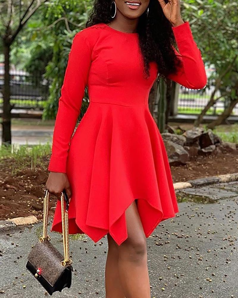 

Solid Long Sleeve Irregular Hem Pleated Dress