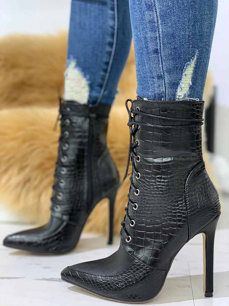 

Snakeskin Lace-Up Eyelet Thin Heeled Boots