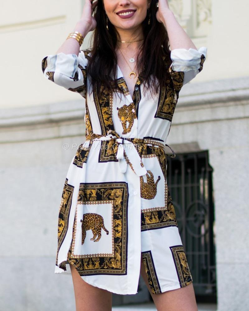 

Animal Print Long Sleeve Shirt Dress, White
