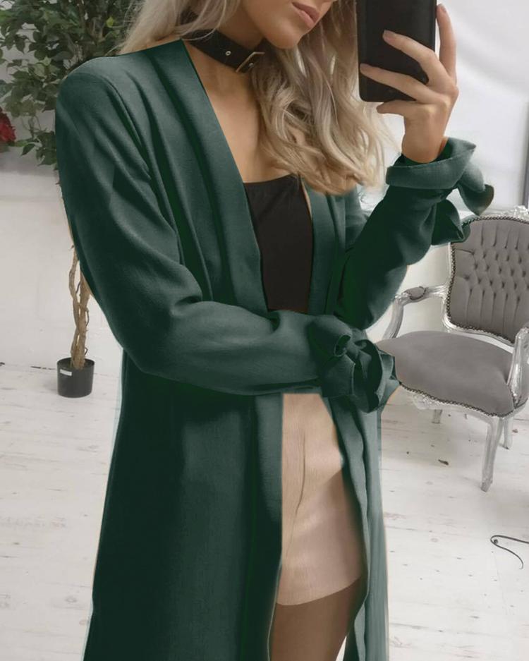 

Split Bow Tied Sleeve Casual Trench Coat, Dark green