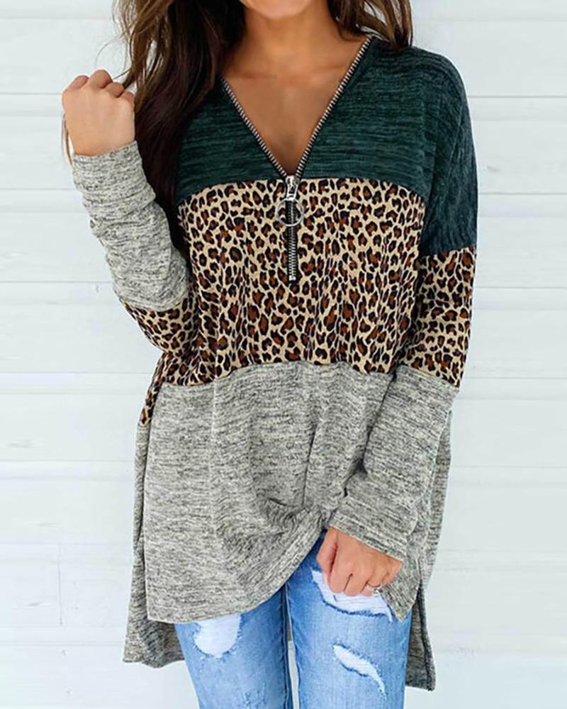 

Cheetah Print Colorblock Zipper Design Top, Green