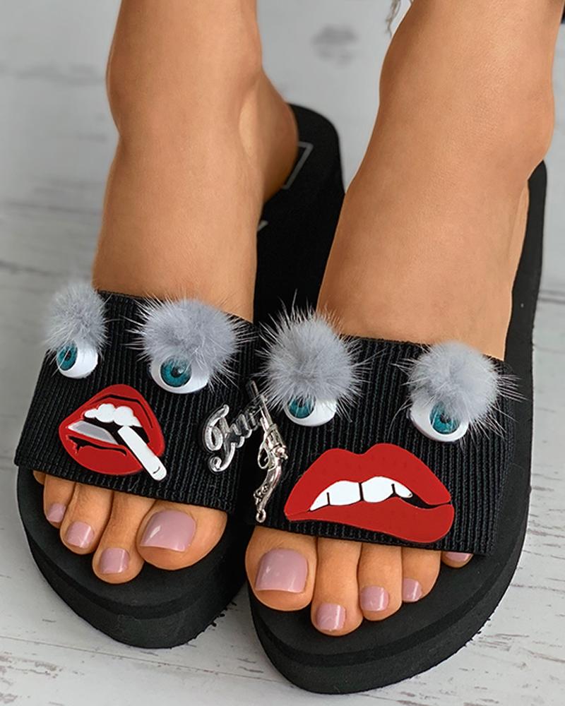 

Lip Eyes Pattern Fluffy Wedge Sandals, Black