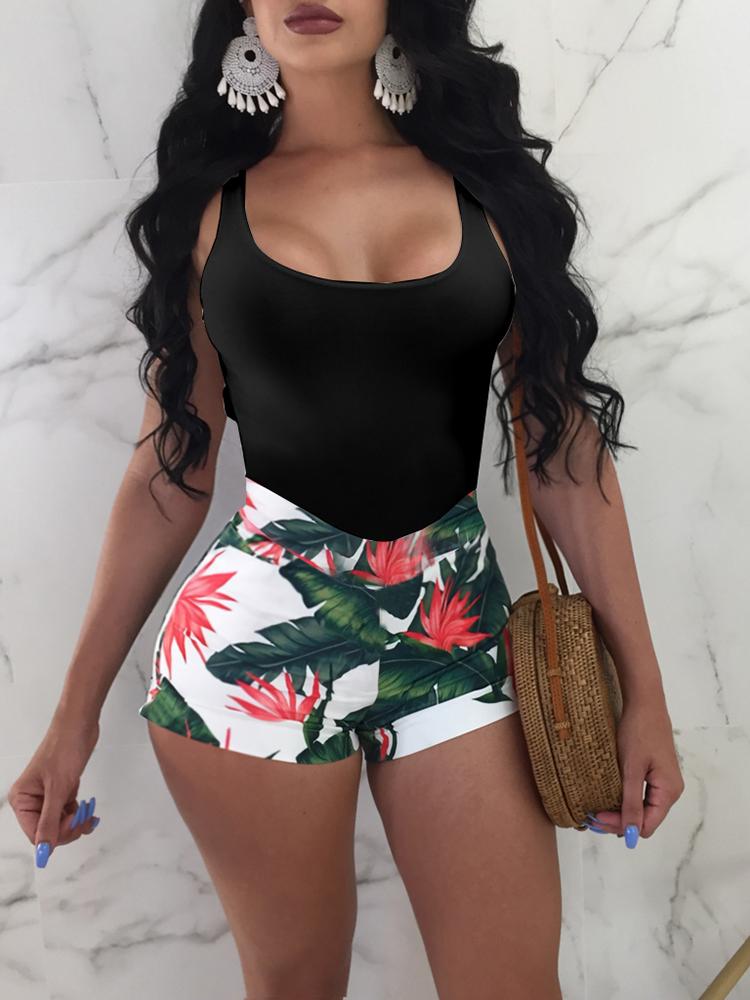 

Palm Leaf Print Slinky Backless Romper, Black
