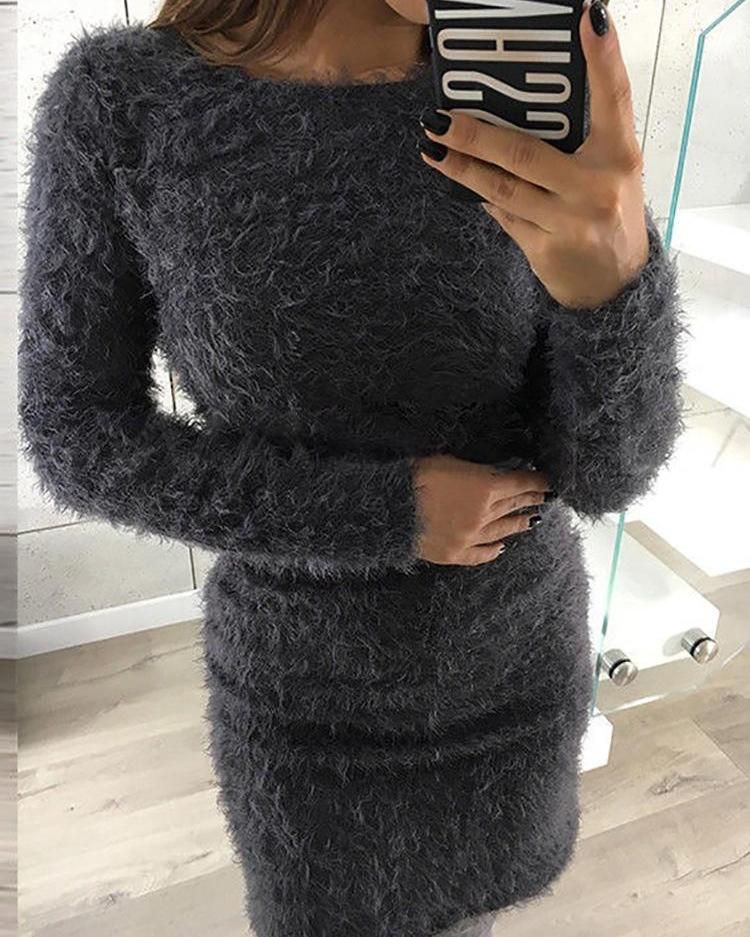 

Solid Fluffy Long Sleeve Casual Dress, Dark grey