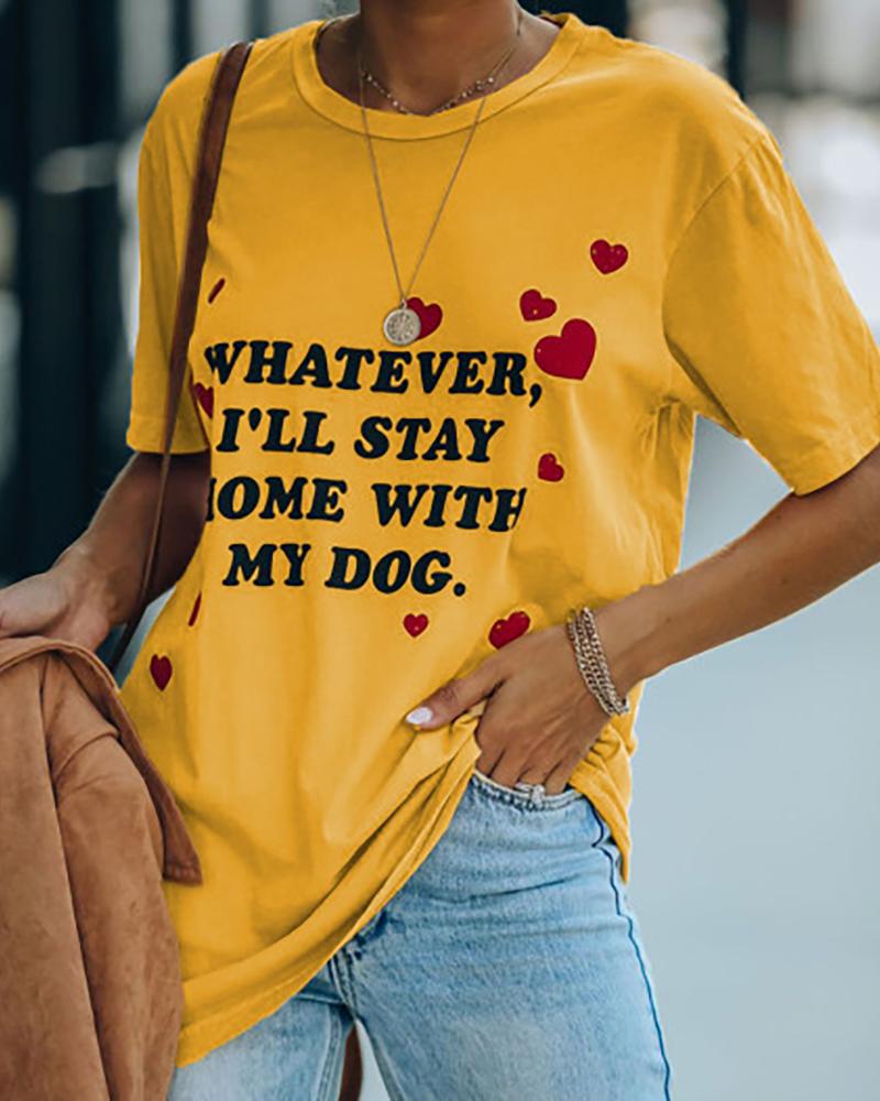 

Letter Print Short Sleeve Casual T-shirt, Yellow