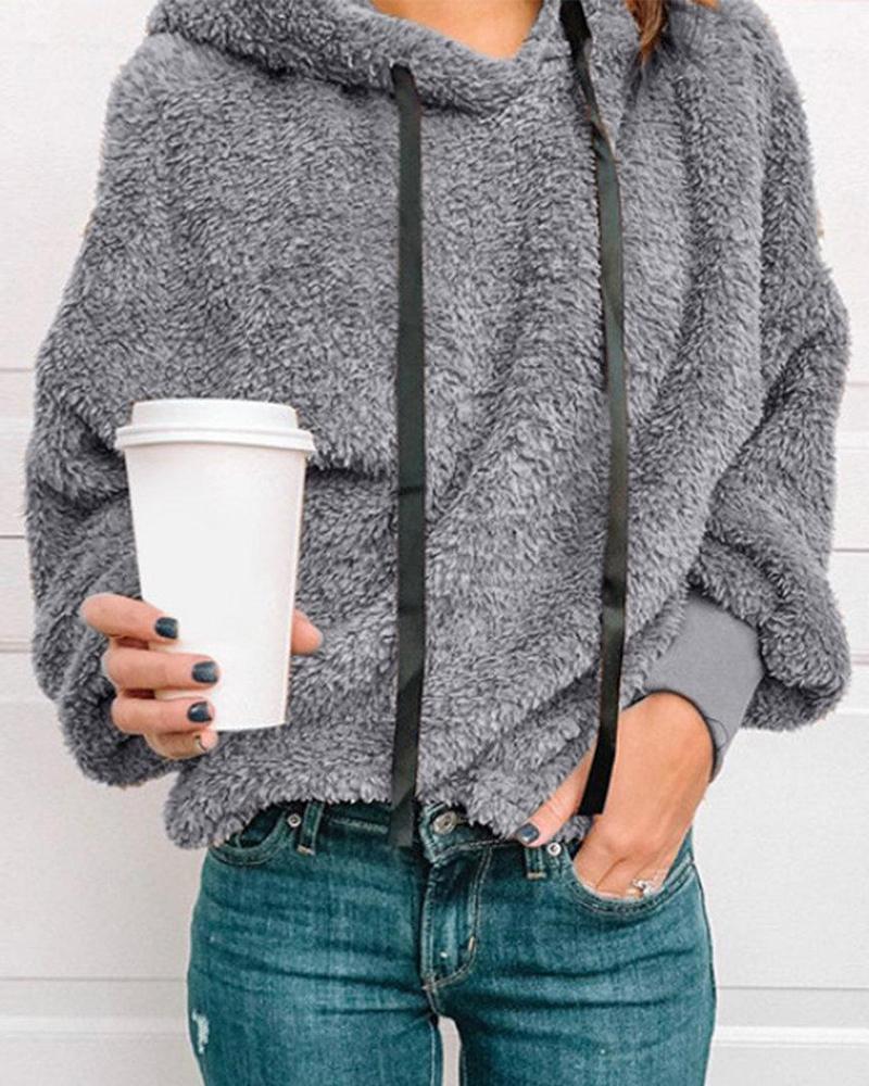 

Solid Hooded Teddy Pullover, Gray