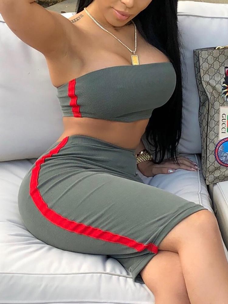 

Side Striped Strapless Tube Top&Skirt Set, Dark grey