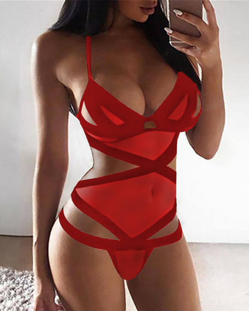 

Sheer Mesh Cutout Teddy, Red