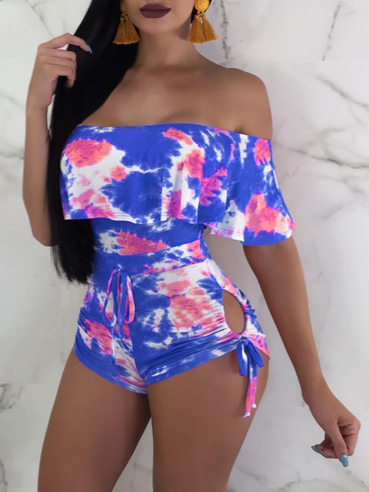 

Off Shoulder Tie-dyed Print Cutout Side Romper