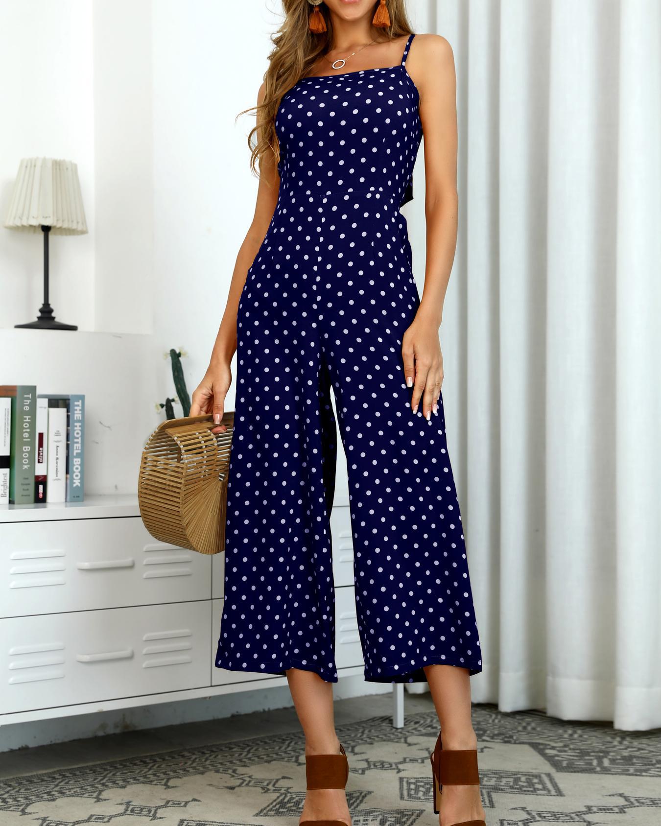 

Knot Open Back Dots Print Jumpsuit, Dark blue