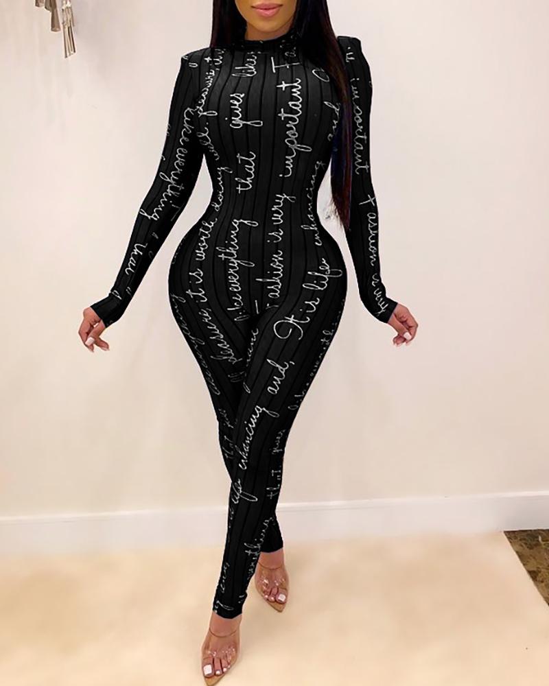 

Mock Neck Letter Print Long Sleeve Jumpsuit, Black