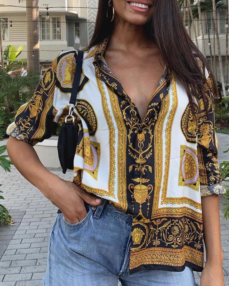 

Turn-down Collar Retro Print Buttoned Shirt, Yellow