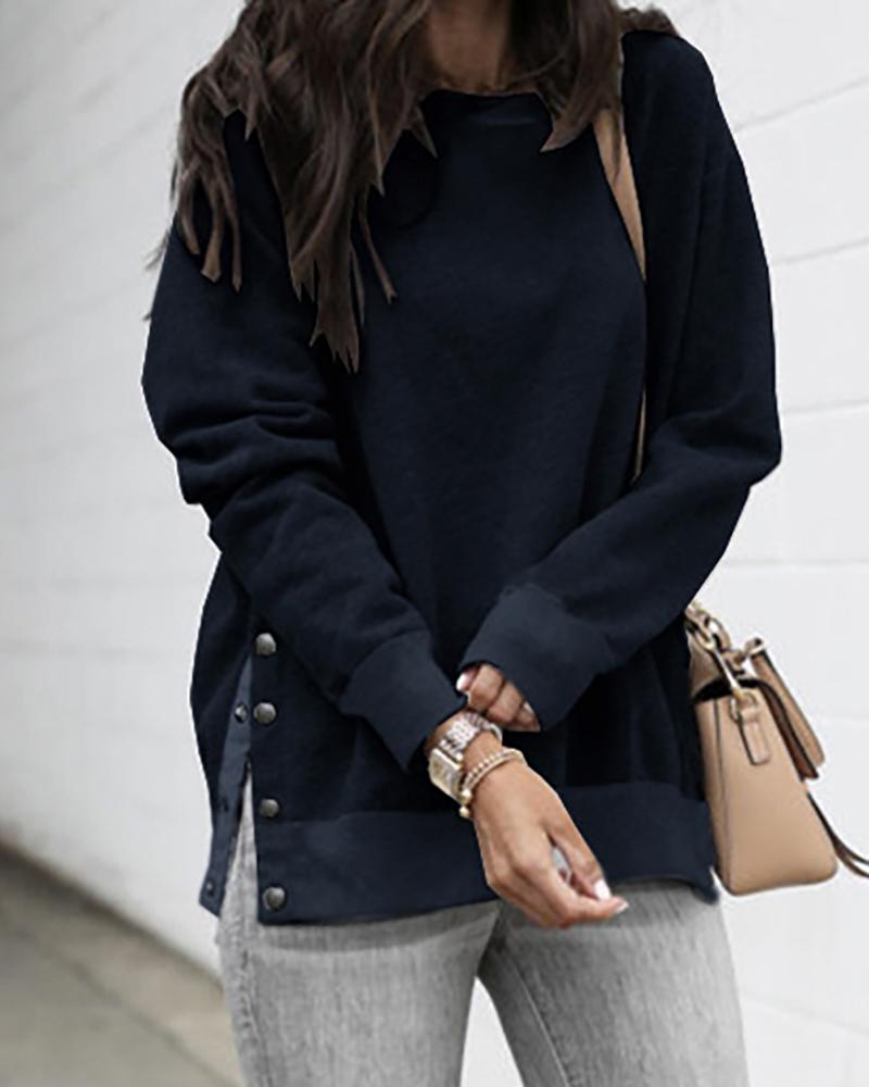 

Button Slit Side Long Sleeve Sweatshirt, Dark blue