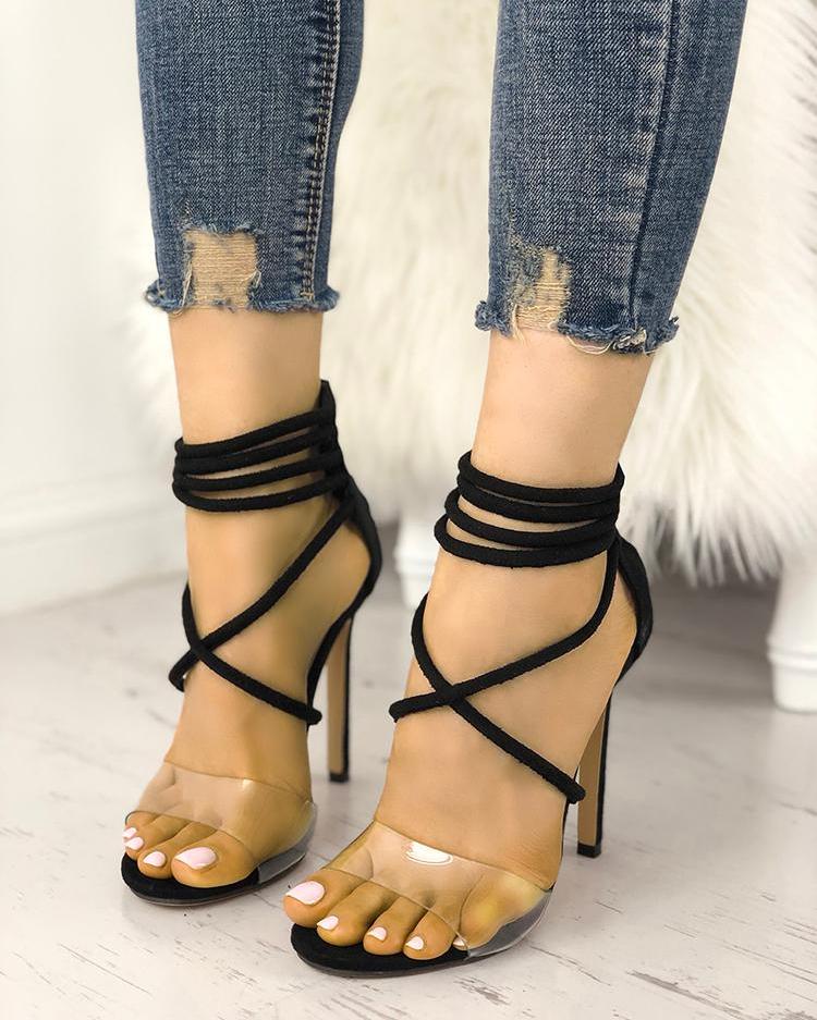 

Transparent Crisscross Strappy Stilettoe Sandals, Black