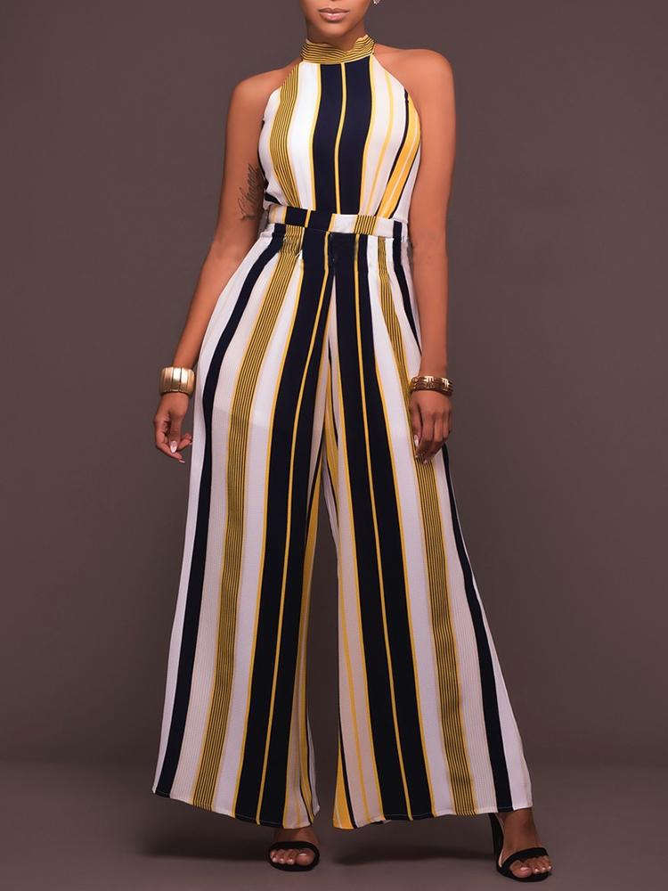 

Casual Stripe Printed Sleeveless Wide Leg Jumpsuit, Red;yellow