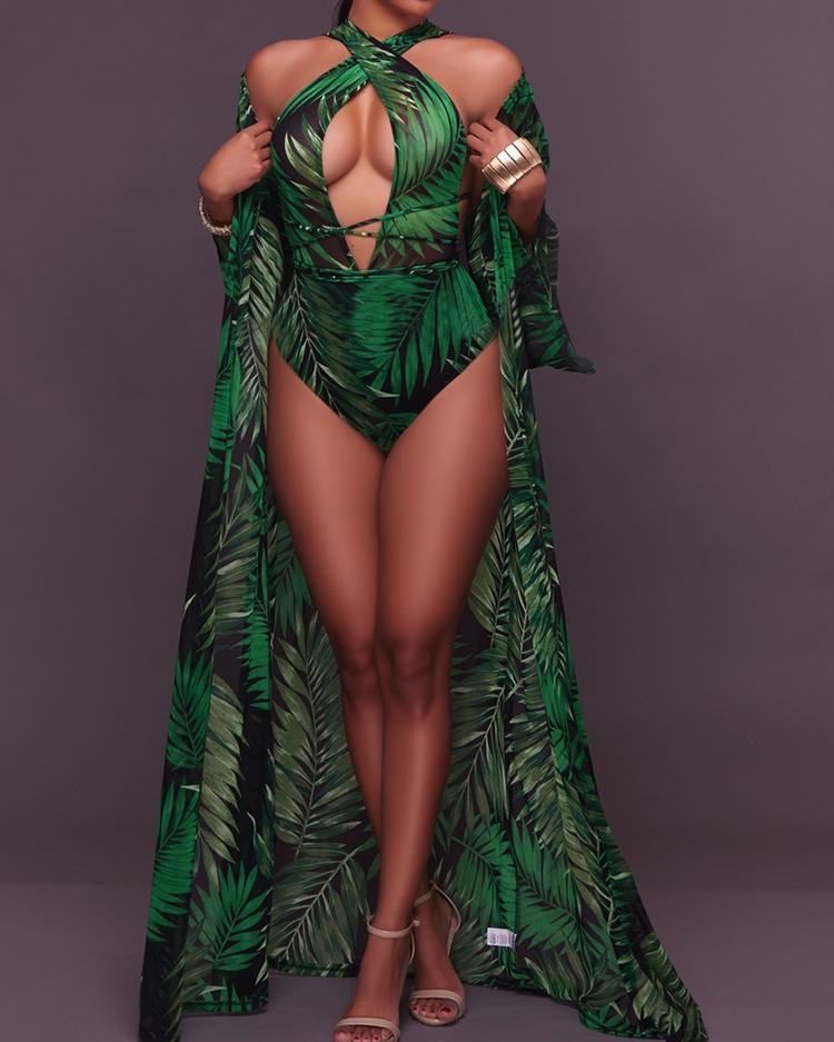 

Sexy Cut out Front Cover Ups Swimwear Set, Dark green