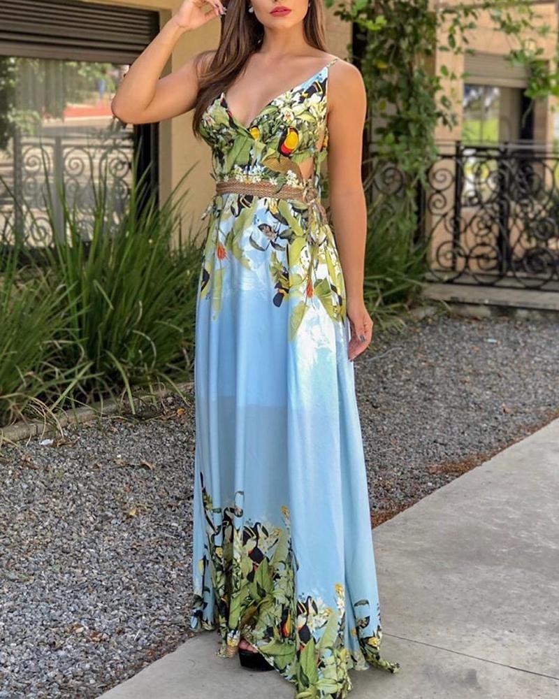

Spaghetti Strap Tropical Print Maxi Dress, Light blue