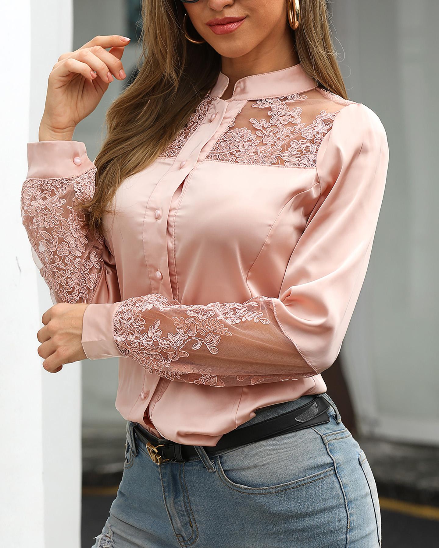 

Mesh Embroidery Insert Button Up Blouse, Pink
