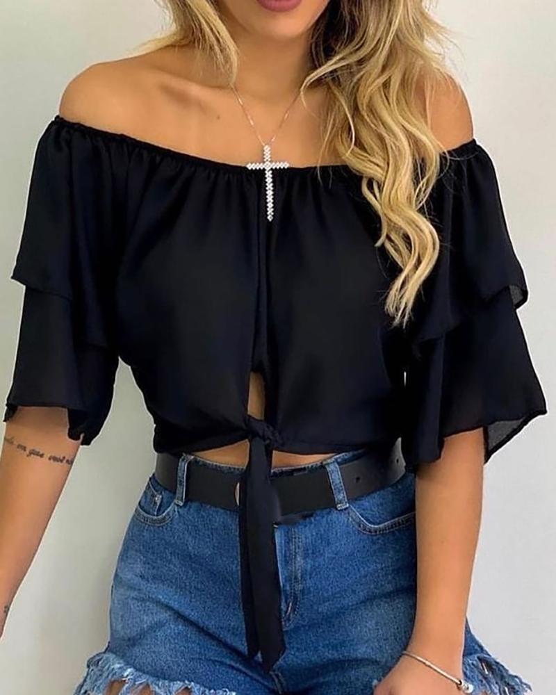 

Off Shoulder Tie Front Half Sleeve Top, Black