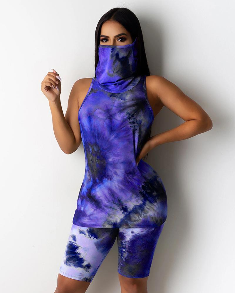 

Tie Dye Print Sleeveless Top With Face Bandana & Shorts Set, Dark blue