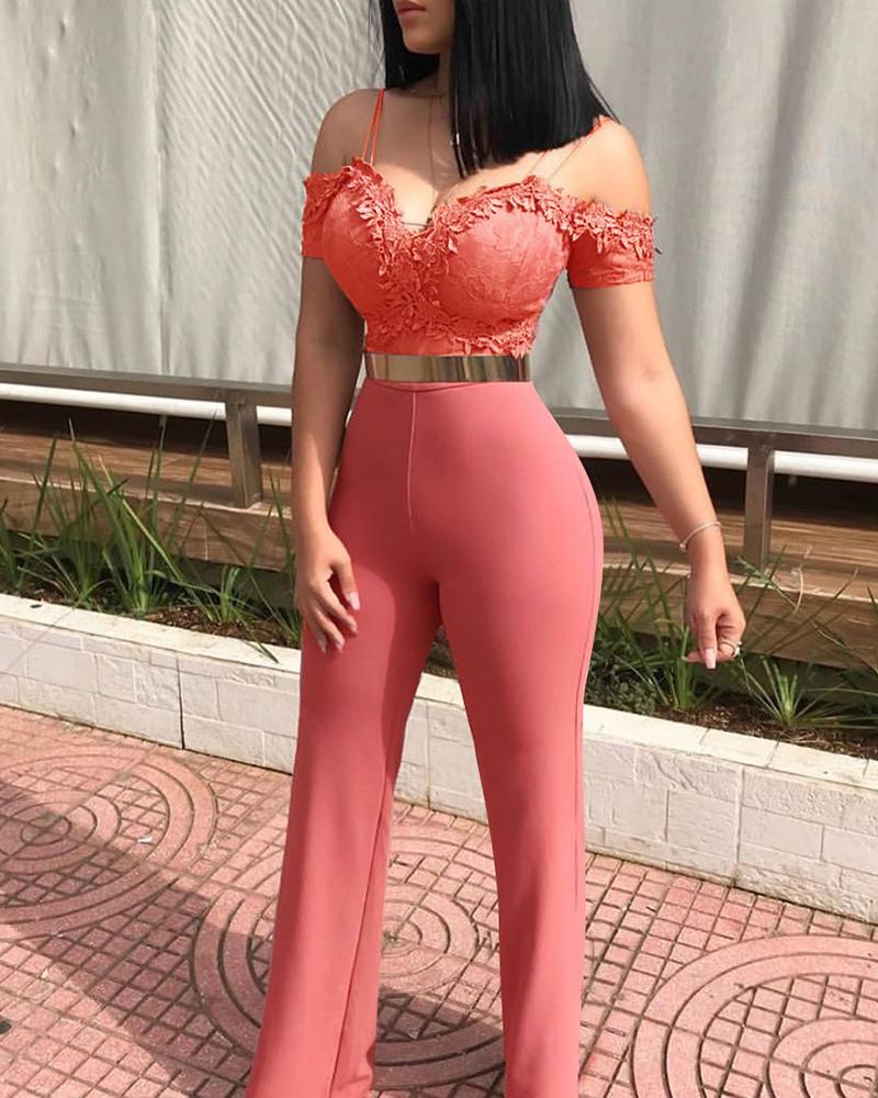 

Spaghetti Strap Lace Applique Bodice Jumpsuit, Pink