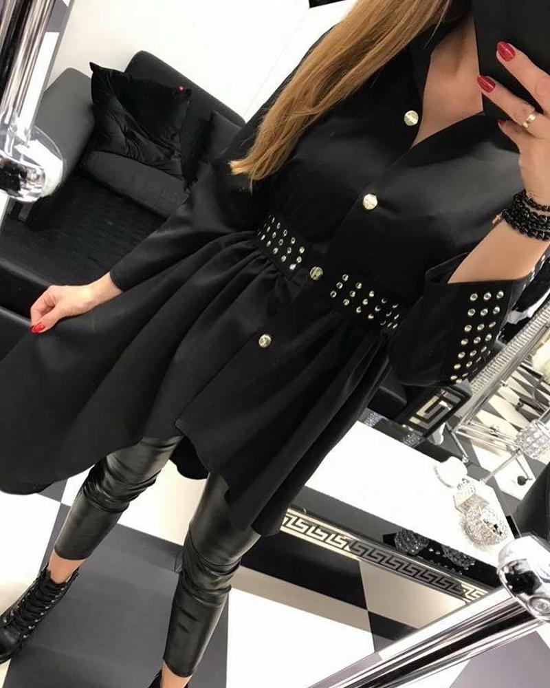 

Rivet Design Sequins Heart Pattern Irregular Shirt, Black