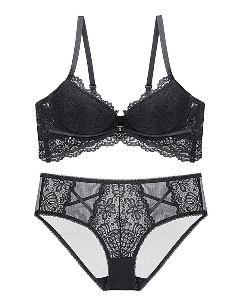 

Crochet Lace Sheer Mesh Bra Set, Black