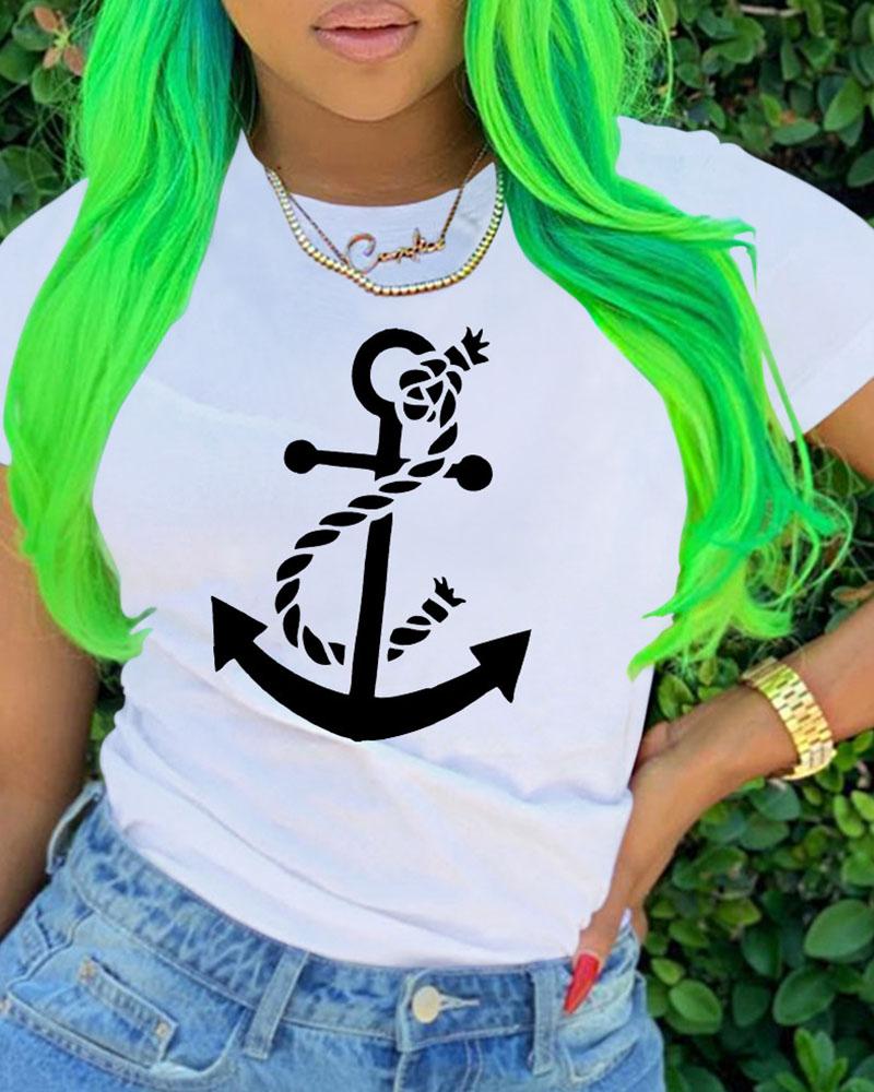 

Boat Anchor Rope Print Casual T-shirt, White