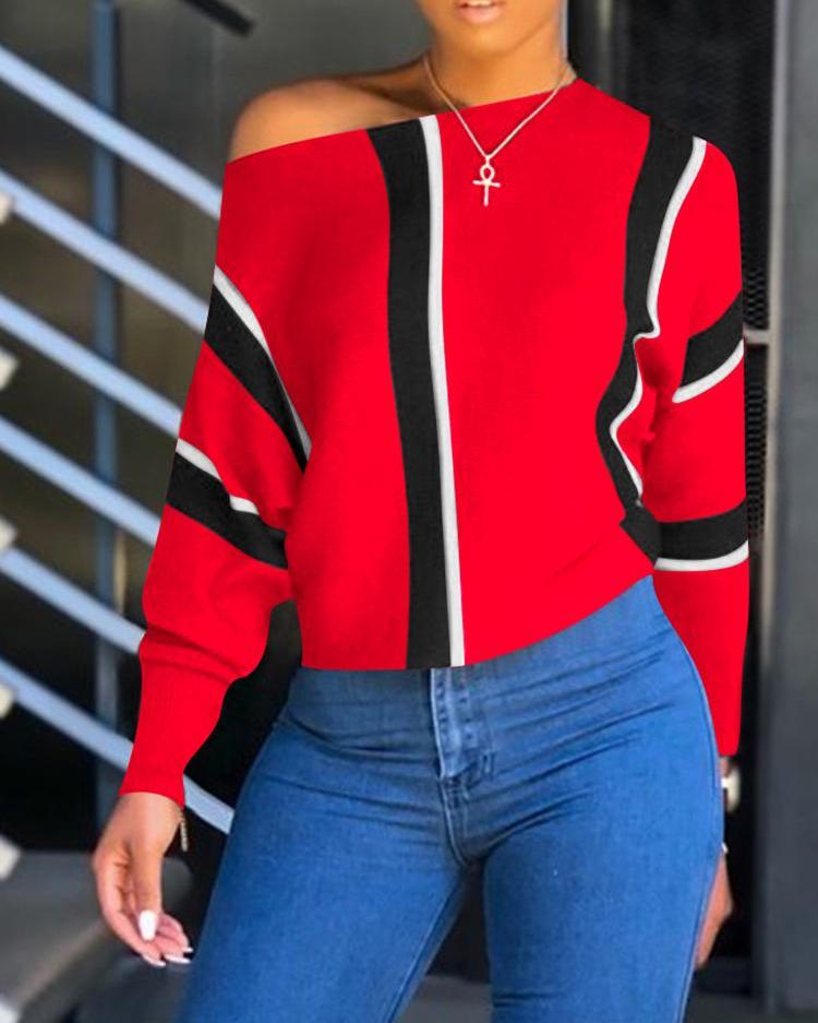 

Colorblock Striped Splicing Batwing Sleeve Shirt, Red