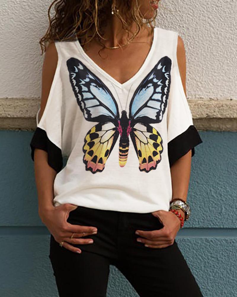 

Cold Shoulder Butterfly Print Blouse, White