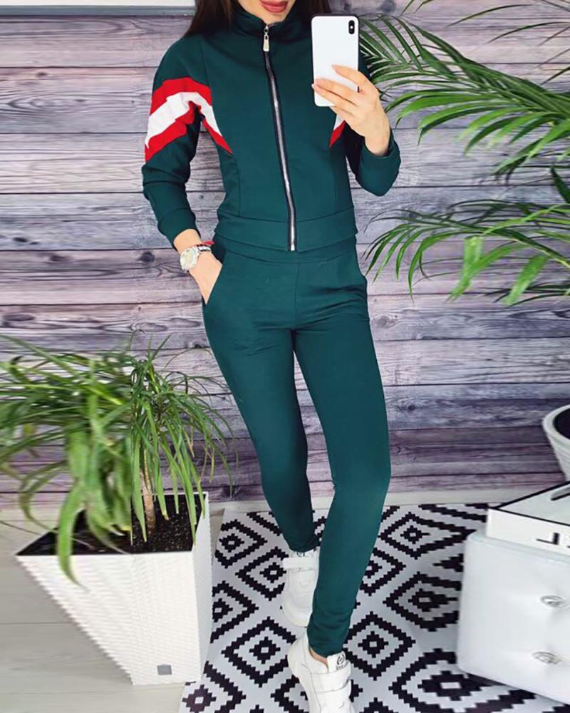 

Colorblock Zipper Design Top & Pocket Design Pants Set, Green