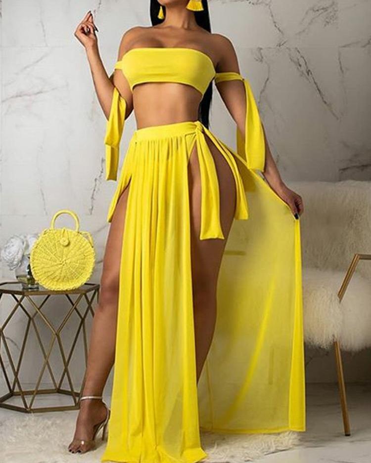 

Tie Detail Bikini With Slit Skirt Set, Yellow