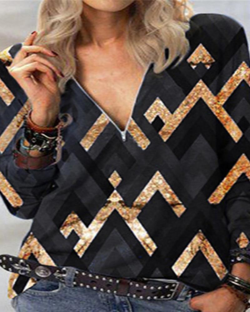 

All Over Print Long Sleeve Splicing Zipper Blouse, Black