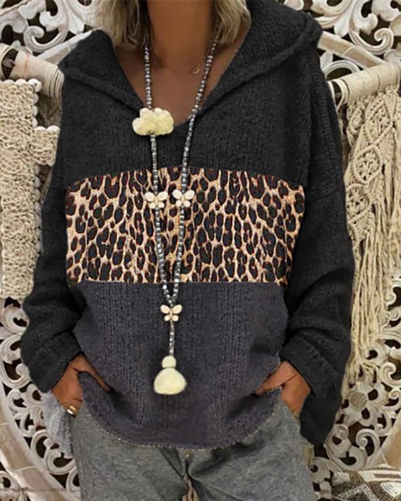 

Cheetah Colorblock Knit Hooded Sweater, Black