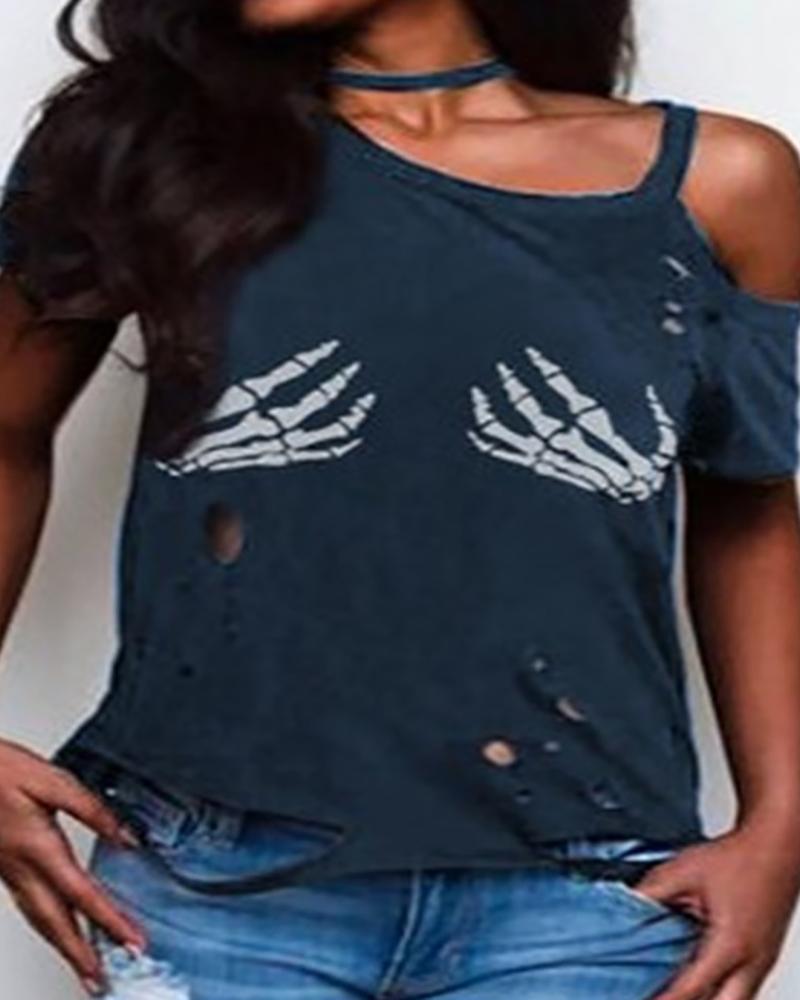 

Skeleton Print Cold Shoulder Hollow Out T-shirt, Dark blue