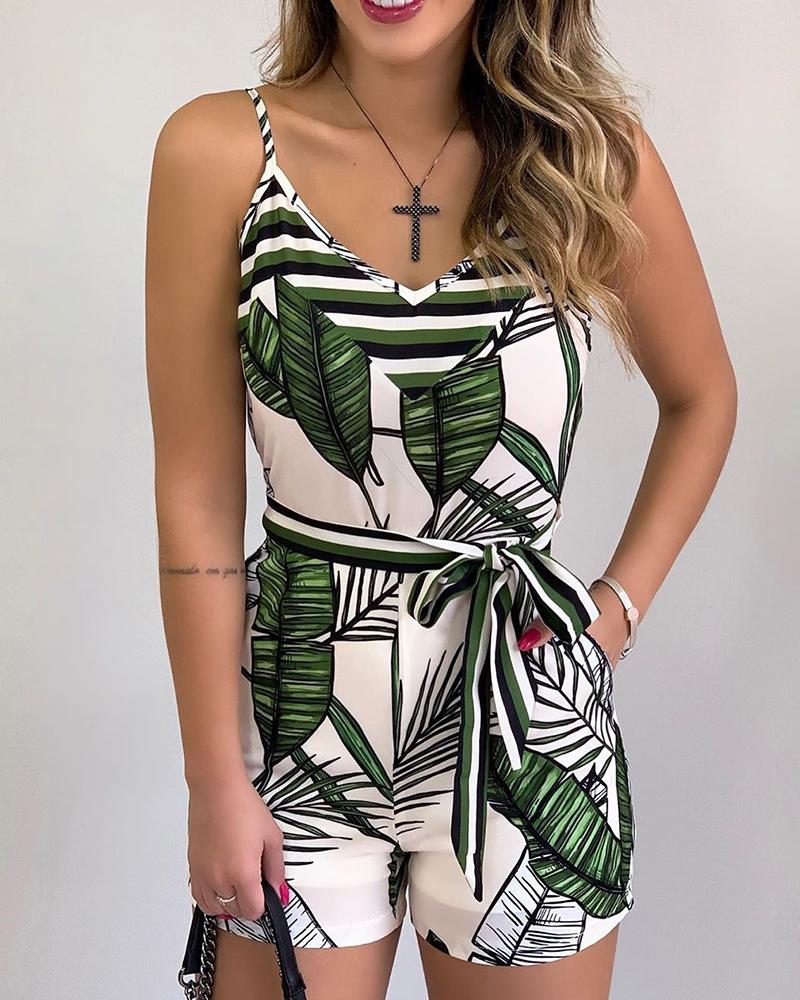 

Spaghetti Strap Leaf Print Romper, Green
