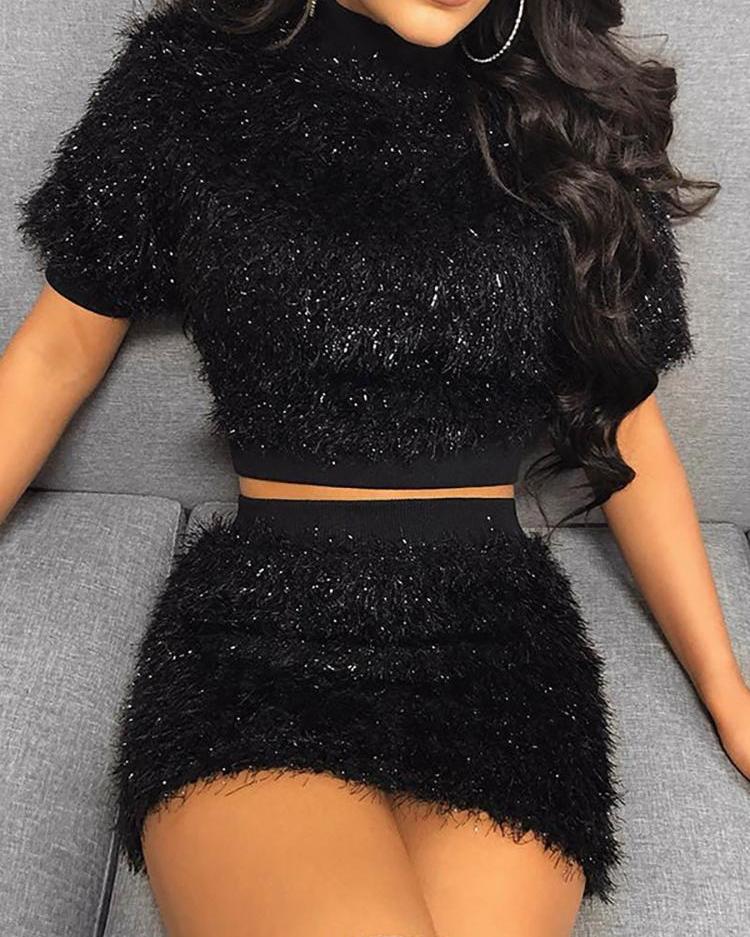 

Fluffy Short Sleeve Crop Top & Skirt Sets, Black