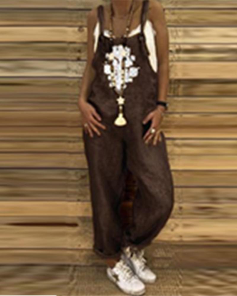 

Printed large size linen cotton jumpsuit, Brown